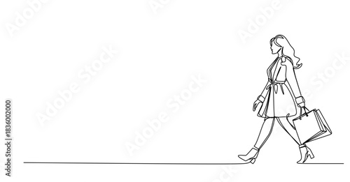 One continuous line design of a woman holding a shopping bag. simple linear style Editable stroke. Doodle vector illustration