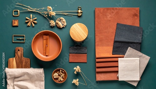 Flat lay of interior design mood board with fabric swatches, natural materials, and decorative elements on a green background