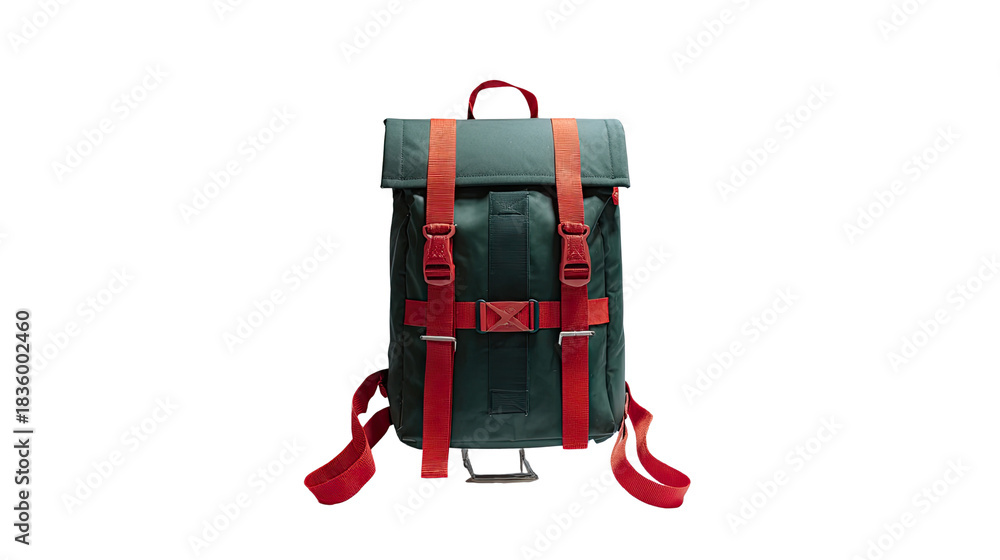 Naklejka premium Sleek green backpack with bold red straps modern outdoor travel gear stylish student and adventure carry bag isolated on white background