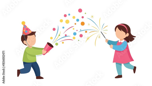 Celebrate with Joyful Kids Using a Confetti Popper and Sparkler for Festive Fun, Perfect for Birthday Parties and Holiday Gatherings!