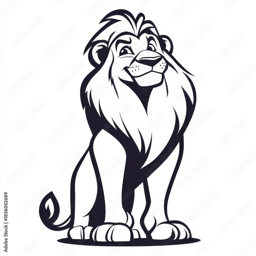 Fototapeta premium Illustration of a stylized lion with a friendly expression, drawn in a bold black and white graphic style ideal for various applications