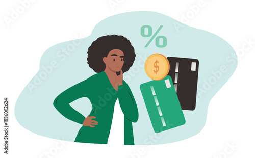 A flat style vector illustration of a woman considering whether to use a credit card.