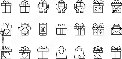 Gift Boxes and Shopping Line Icons Set: Presents, Delivery, Surprise, E-commerce, Celebration, Mobile Shopping, and Retail Outline Symbols.