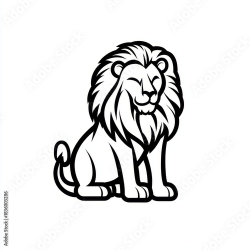 Elegant lion illustration in monochrome, evoking strength and friendliness, with detailed mane and peaceful expression on isolated white background