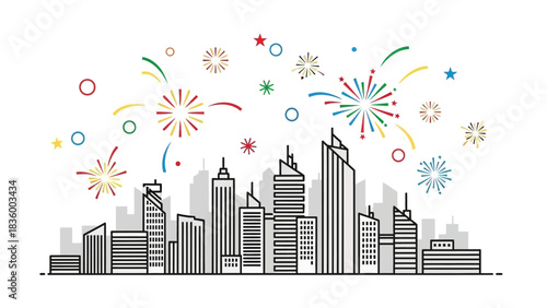 Festive city skyline with vibrant fireworks for celebratory events and urban celebrations, perfect for posters, banners, and holiday promotions