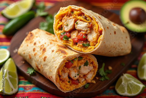 Flavorful chicken burrito wrapped in fresh tortilla with vibrant toppings on a rustic wooden board