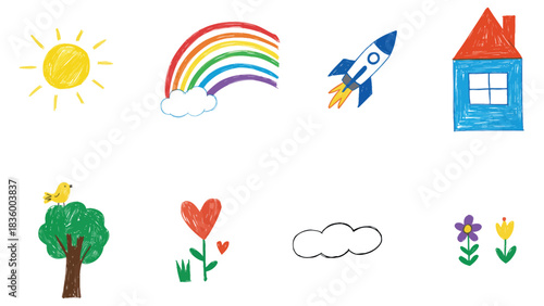 Colorful kids crayon drawings with sun rainbow house rocket and nature elements
