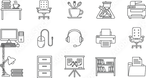 Office and Workplace Line Icons Set: Desk, Computer, Printer, Chair, File, Folder, Headset, and Technical Support Outline Symbols.