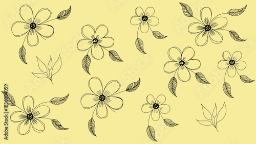 Hand drawn floral pattern with delicate flowers and leaves illustration
