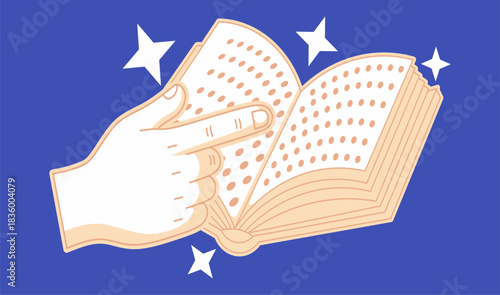 Cartoon symbol art clipart showing a hand pointing at a Braille book to commemorate World Braille Day.