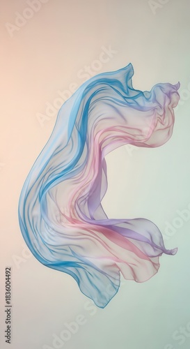 Flowing sheer fabric exhibits vibrant gradients of blue, pink, and purple against a muted background.