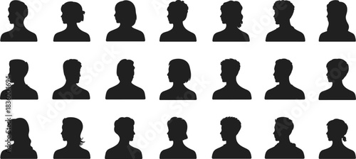 Human head silhouette profile vector set, diverse hairstyle icons in black, identity concept clipart for design, recognition, character, avatar
