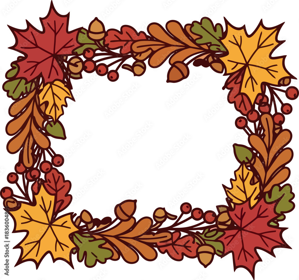 Fototapeta premium Autumnal Frame with Maple Leaves Berries and Acorns.