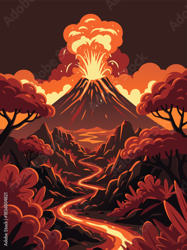 Illustrative depiction of a fiery volcano erupting with molten lava flowing down its slopes, surrounded by vibrant foliage