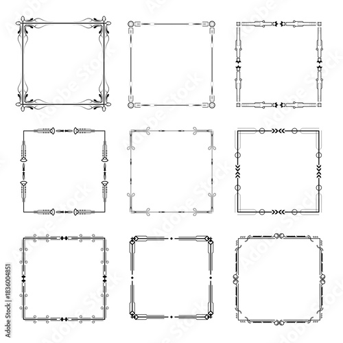 Set Black Simple Line Frame Collection Doodle Square Floral Frame Elements Vector Design Style Sketch Isolated Illustration For Banner