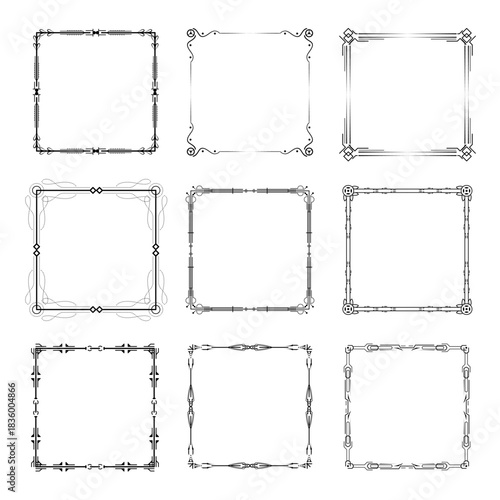 Set Black Simple Line Frame Collection Doodle Square Floral Frame Elements Vector Design Style Sketch Isolated Illustration For Banner