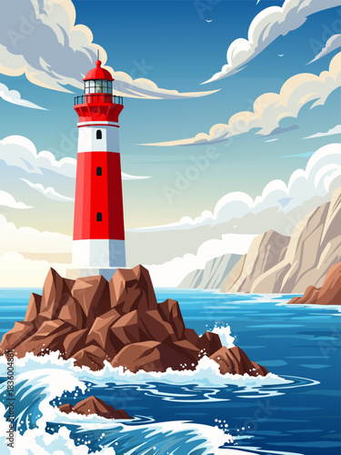 Vector illustration of a classic red and white lighthouse on a rocky island, with crashing ocean waves against a dramatic coastal cliff backdrop