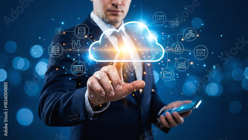 Man Touching Cloud Computing Data Server Network Digital Transformation Internet Technology Information System Business