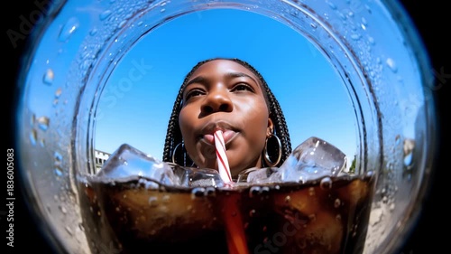 A refreshing dark beverage with ice cubes seen through a glass on a sunny day enjoying a summer drink