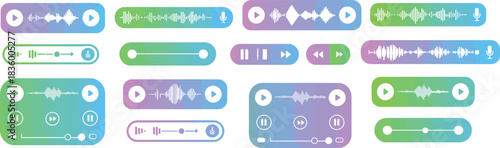 Audio player interface vector set, colorful media controls with waveform, play pause stop icons for app UI, podcast, music design