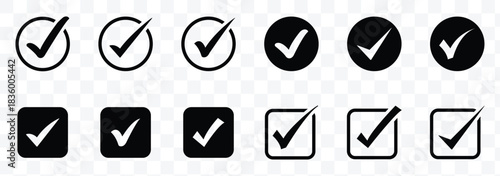 Set of simple check mark. Tick symbol. Accept okay symbol for improvement or checklist design. Correct vote choice symbol. Check marks in various shapes. Vector illustration.