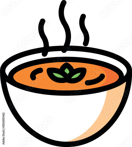 Bowl of Hot Soup with Garnish and Steam.