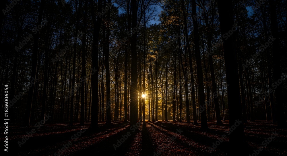 Fototapeta premium Golden light piercing through the dense canopy of tall, silhouetted forest trees, casting dramatic long shadows across the tranquil ground during a breathtaking sunset or early morning