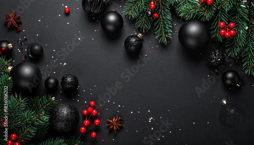 Stunning modern Christmas background featuring elegant matte black ornaments and vibrant red berries on a dark backdrop