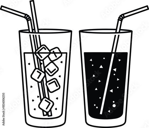 Two Vector Black Outline Glasses of Cold Soda or Soft Drink with Bubbles and Ice Cubes, Featuring Drinking Straws for Beverage and Restaurant Graphics