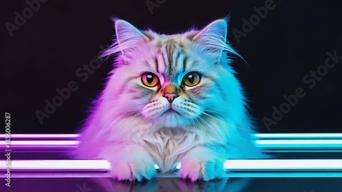 Wallpaper Mural Fluffy Cat Paws Resting on Neon Lights with Pink and Blue Glow Torontodigital.ca