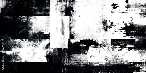 Abstract black and white grunge texture with distressed ink splatter overlay background for design element for posters, album covers.