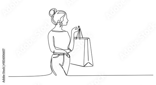 One continuous line design of a woman holding a shopping bag. simple linear style Editable stroke. Doodle vector illustration