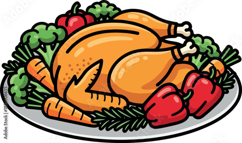 Festive Roasted Turkey with Vegetables Cartoon Illustration.