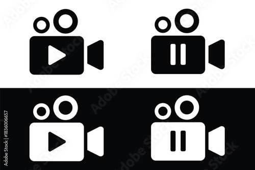 video camera icon with play pause and block symbol. Video streaming symbol with play and pause