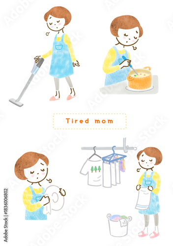 疲れた表情で家事をするエプロン姿の女性のイラストセット