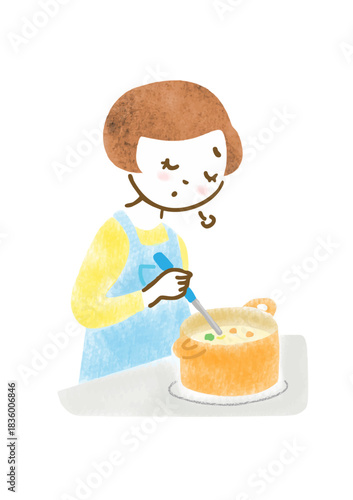 疲れた表情で料理をするエプロン姿の女性のイラスト