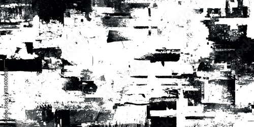 An abstract black and white grunge texture background and blocks against a white backdrop, creating a bold, graphic overlay.