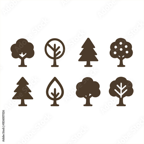 A collection of stylized tree icons representing various types and shapes, perfect for nature and design projects