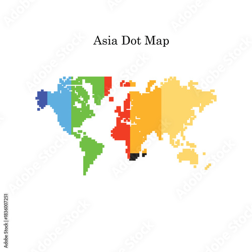 Colorful world map illustration featuring Asia and other continents in dot form