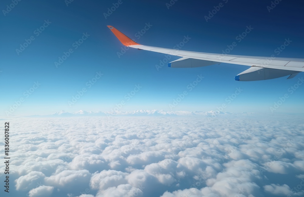Obraz premium Airplane wing against blue sky over fluffy clouds. Aircraft flies through air above clouds. Travel and aviation concept. Plane wing in flight high above the earth.