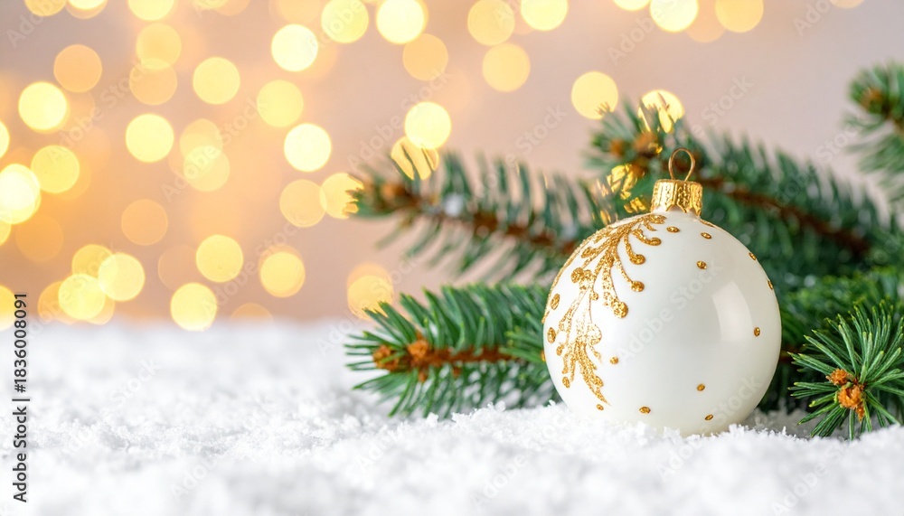 Fototapeta premium Stunning elegant white Christmas ornament with gold detail rests gently on fresh snow beside vibrant evergreen branch with warm bokeh lights