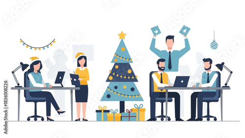 Festive office holiday party with cheerful team members celebrating Christmas with gifts, decorations, and Santa hats in modern workspace environment