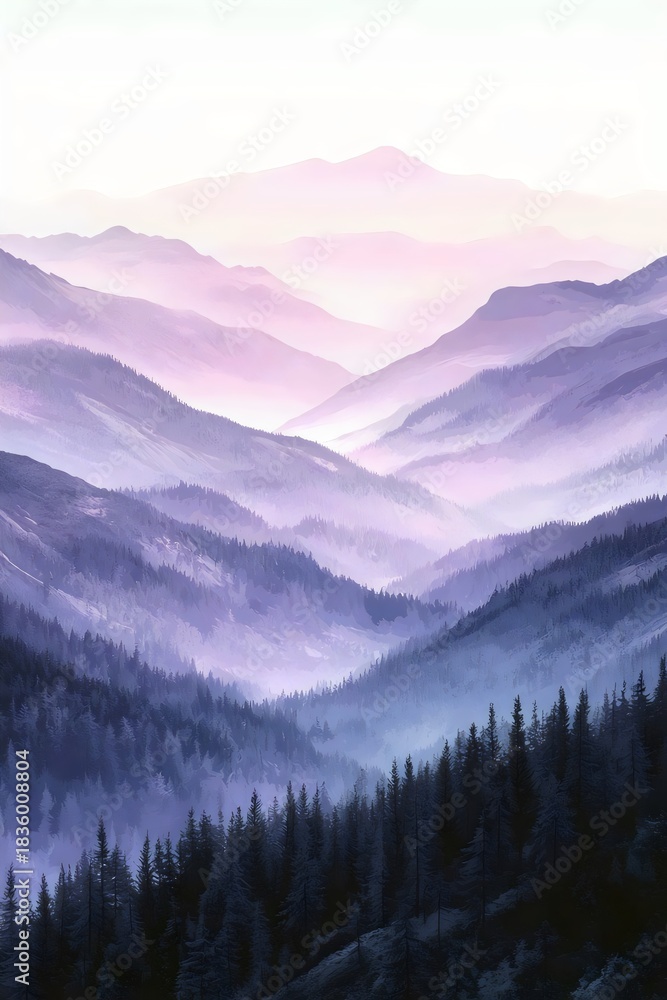 Obraz premium A stunning mountain landscape at dawn, showcasing layers of purple and lavender hues across rolling hills and dense pine forests, evoking a serene and tranquil mood.