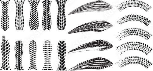 Tire Tracks Vector Grunge Set, Warped and Distorted Tyre Mark and Tread Collection