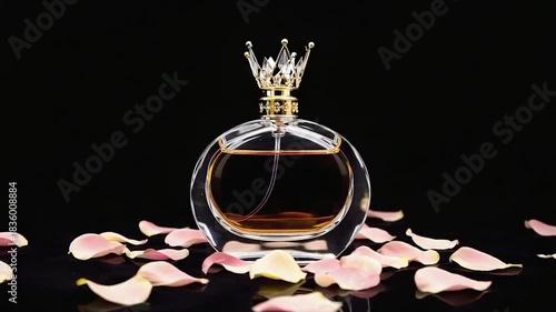 Wallpaper Mural Elegant Perfume Bottle with Crown Cap Surrounded by Delicate Rose Petals on Black Background Torontodigital.ca