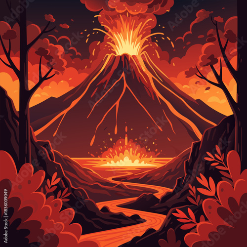 Dramatic illustration of a powerful volcano erupting with flowing lava rivers through a fiery, ash-filled landscape at dusk. c