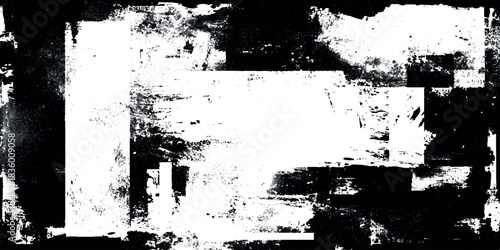 An abstract black and white grunge texture background and blocks against a white backdrop, creating a bold, graphic overlay.