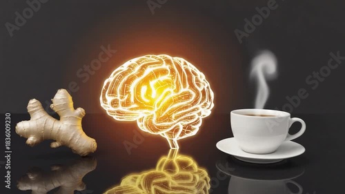 Wallpaper Mural Ginger Root and Glowing Brain Symbol Next to Steaming Coffee Cup on Dark Surface Torontodigital.ca