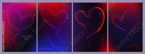 Valentine's day posters, covers, cards set. Line art hearts with dotts. Heart-shaped curves. Brutalist style gradient line heart. Bright neon shades.

