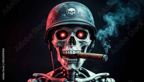 A skeleton wearing a military helmet holds a cigar in its mouth. Red eyes glow from the dark background as smoke curls upwards. This scene combines elements of military and spooky themes.